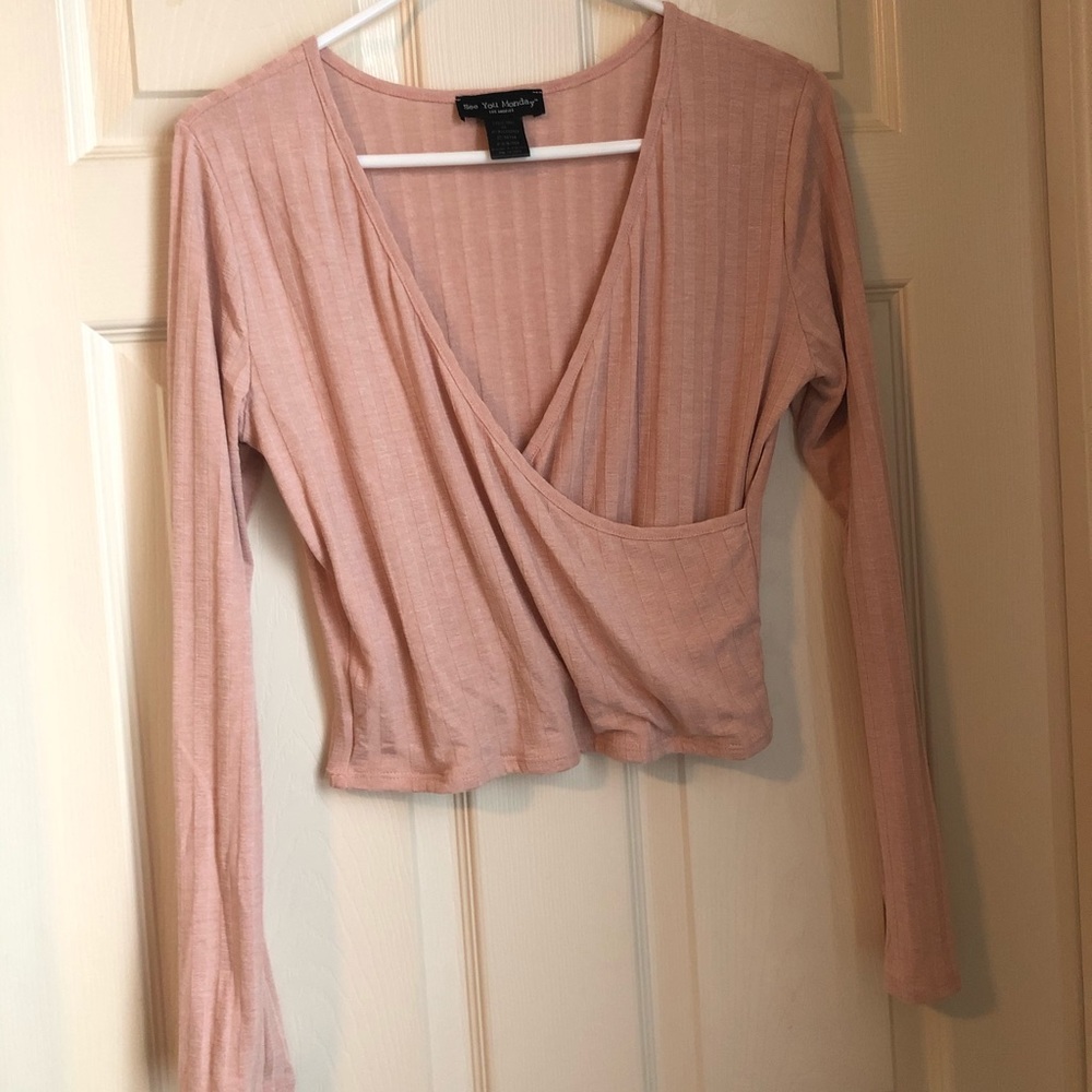 See You Monday crop faux wrap top